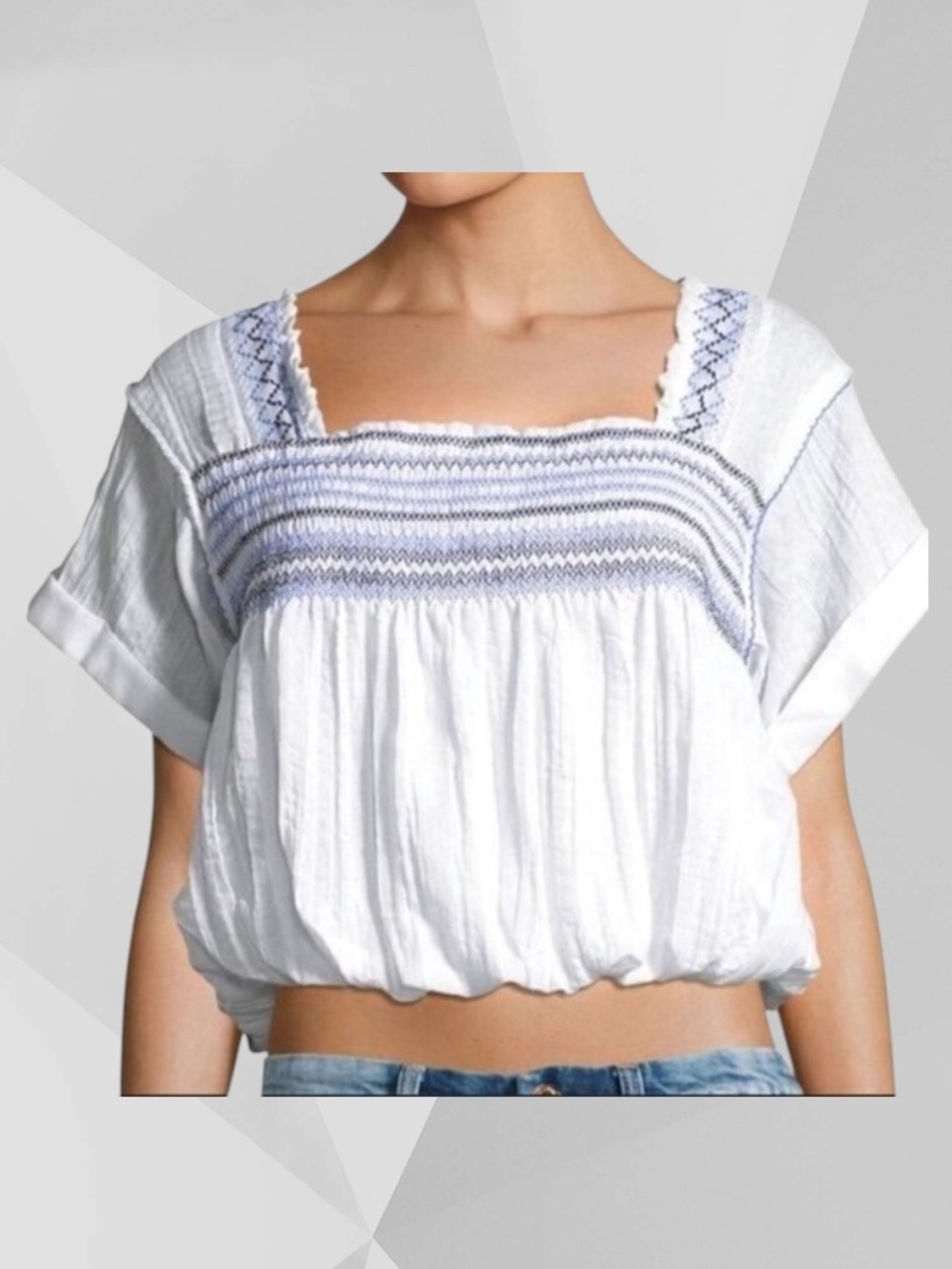 FREE PEOPLE Boho Wandering Skies Blouson Top White w/Smocked Embroidery S EUC